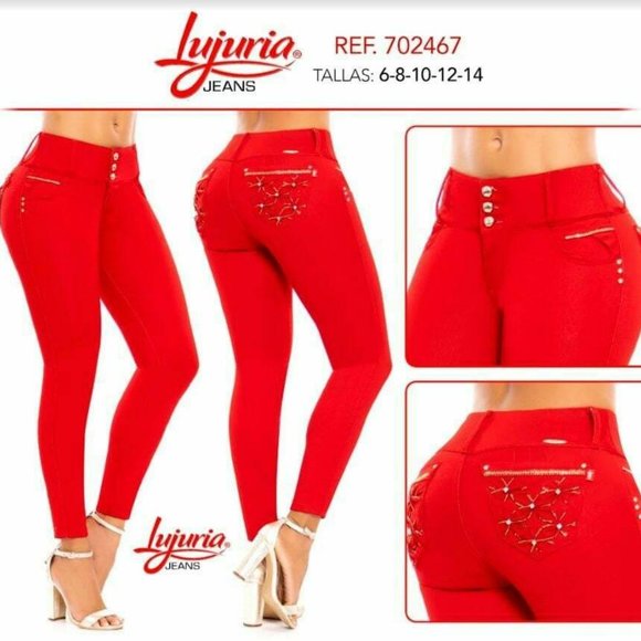 LUJURIA Denim - LUJURIA JEANS, Colombian Butt Lifter Rhinestone Red Skinny Jeans